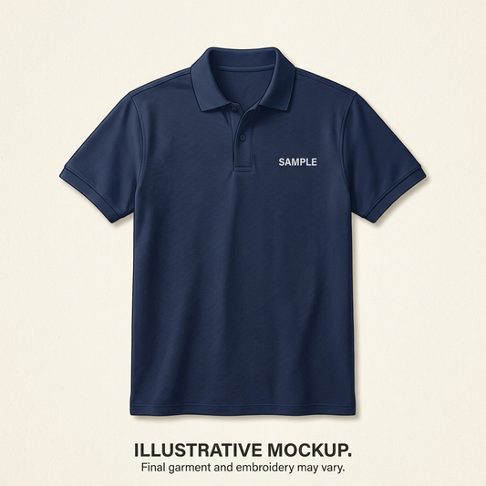 Illustrative adult navy polo mockup with sample embroidery; not an exact representation of the Gildan Hammer garment.
