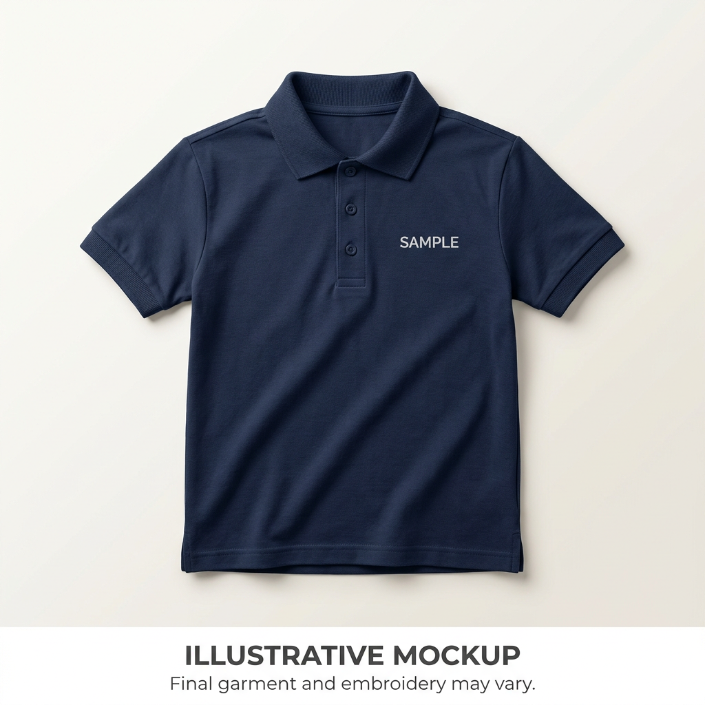Illustrative navy youth sport shirt with sample left-chest embroidery. Final garment and embroidery may vary; not an exact manufacturer reproduction.