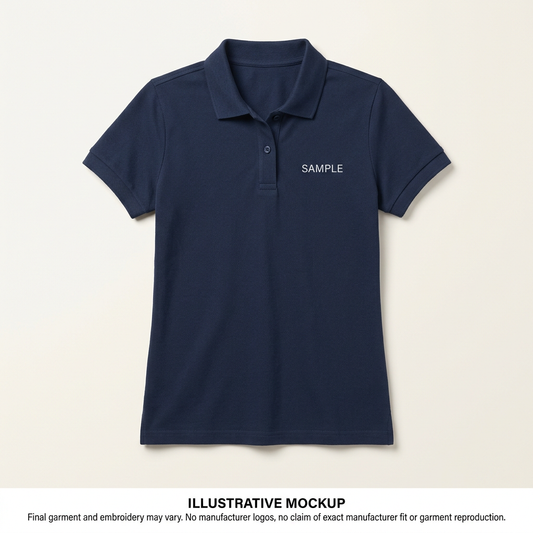 Illustrative navy women's polo mockup with sample left-chest embroidery; final garment and embroidery may vary.